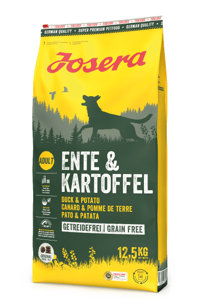 Eine Verpackung Josera Hundefutter, gelb und grün, Sorte Ente & Kartoffel, 12,5 kg, getreidefrei.