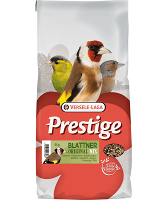 Versele-Laga Vogelfutter-Verpackung mit drei Vögeln, lächelnd, bunte Farben, interessante Mischung.