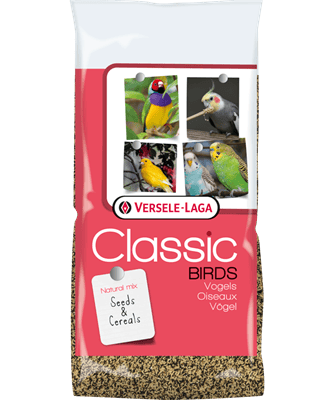 Verpackung von Versele-Laga Classic Bird Seeds mit Fotos von Vögeln und Aufschrift in Rot und Weiß.